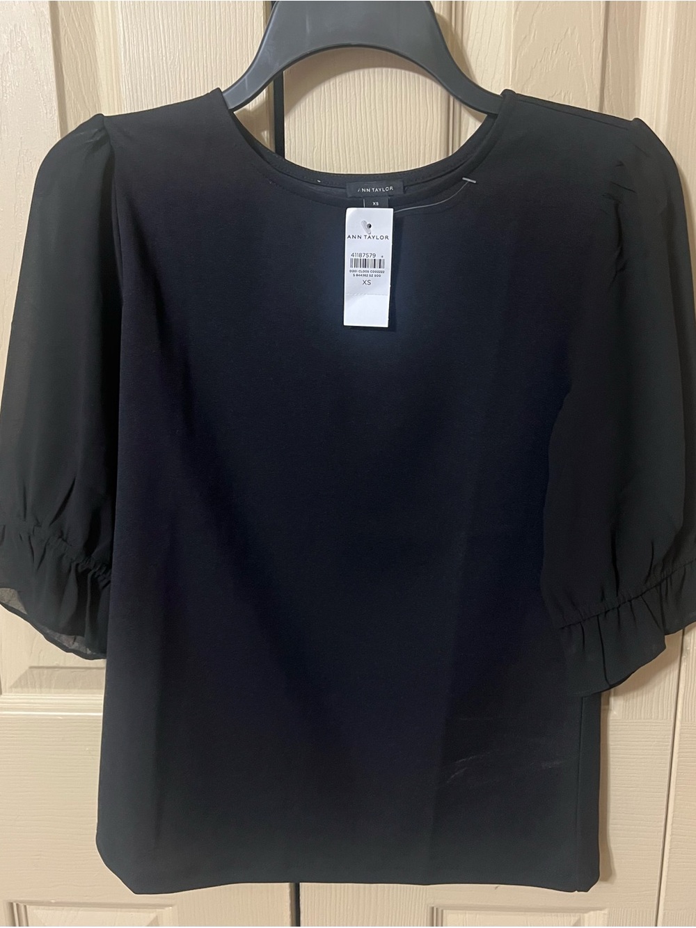 Ann Taylor Black Puff-Sleeve Sheer Blouse Size XS NWT